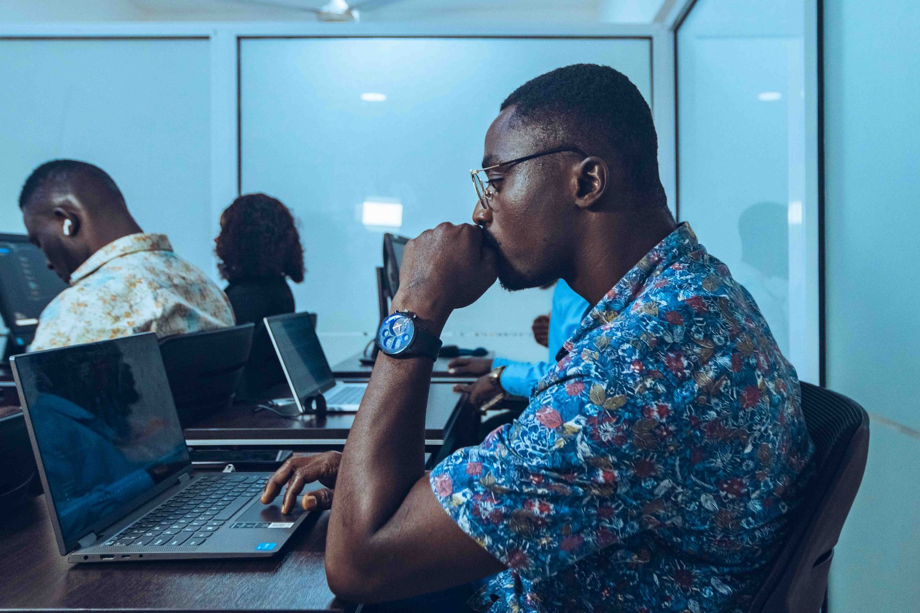 Students in an IT class learning coding and software development in Accra, Ghana.